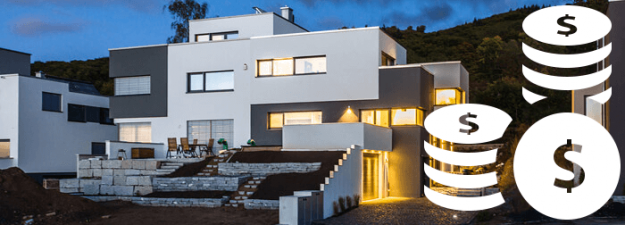 Kosten eines KNX-Smart-Homes Modernes Einfamilienhaus mit Münzsymbolen als Darstellung der Kosten eines KNX-Smart-Homes