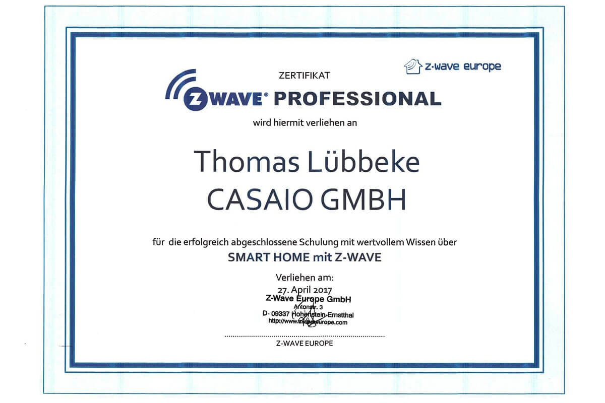 Z-Wave-Zertifikat von Thomas-Lübbeke