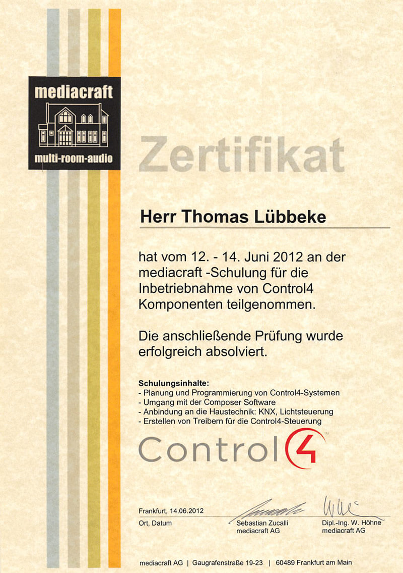 Zertifikat Inbetriebnahme Control4