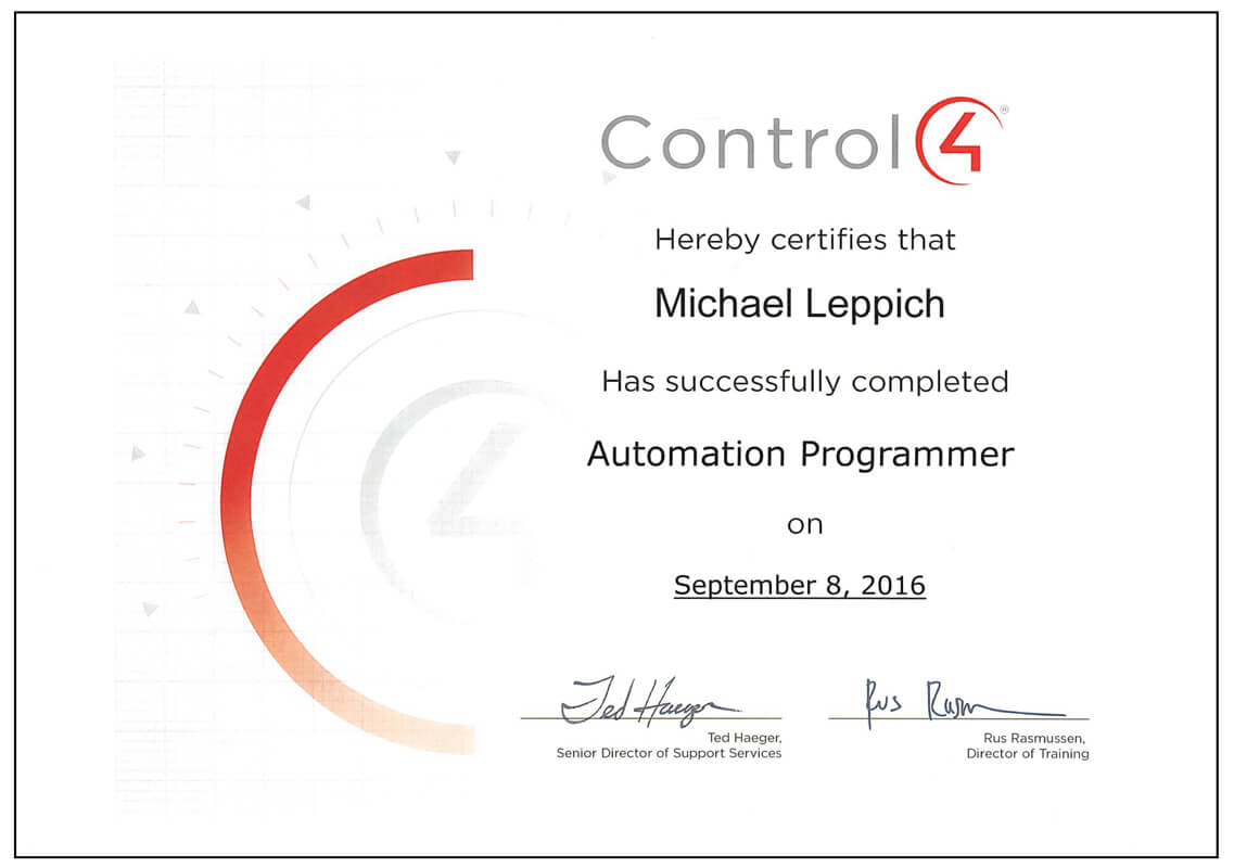 Zertifikat Control4 Programmer