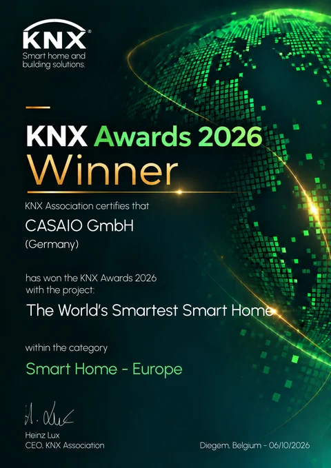 Urkunde der KNX Association: CASAIO GmbH gewinnt die KNX Awards 2026 in der Kategorie Smart Home – Europe